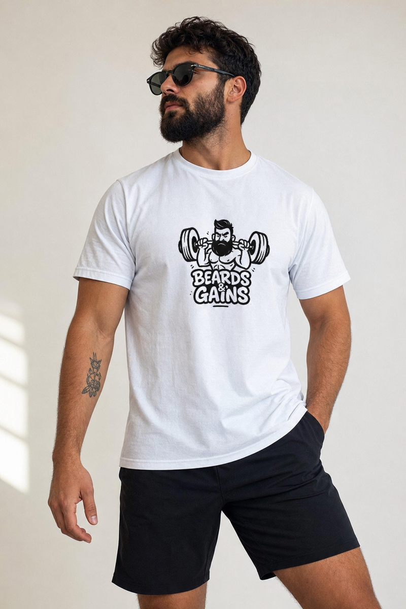 Beards & Gains Mens T-Shirt - male model wearing tshirt - Front_1_c_1.jpg - 1